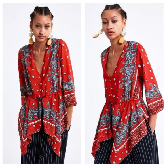 Zara Tops - Zara Asymmetric Boho Bandana Paisley Tie Front Top